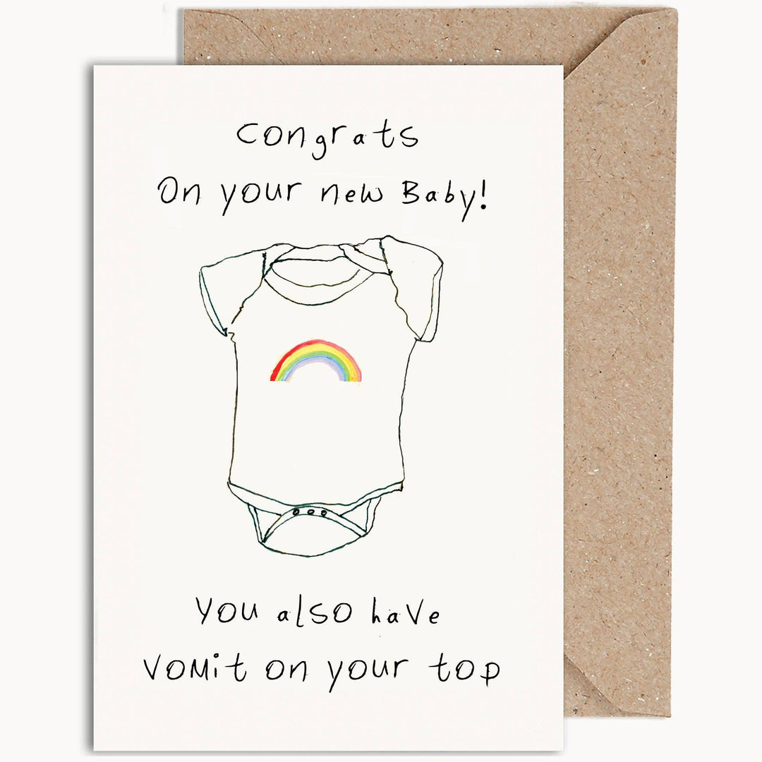 Congrats On Your New Baby! You Also Have Vomit On Your Top! Greeting card by Weird Watercolours