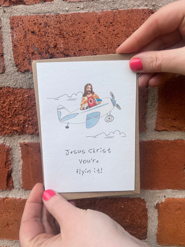 Jesus Christ You're Flyin' It - Greeting Card by Weird Watercolours