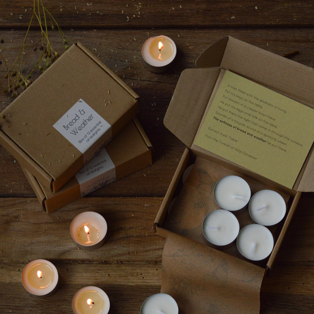 An open box with tea lights 