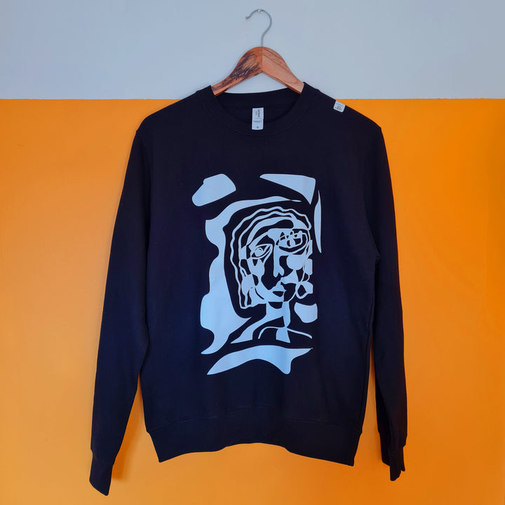 Unisex black sweatshirt with White Lady Print by Studio